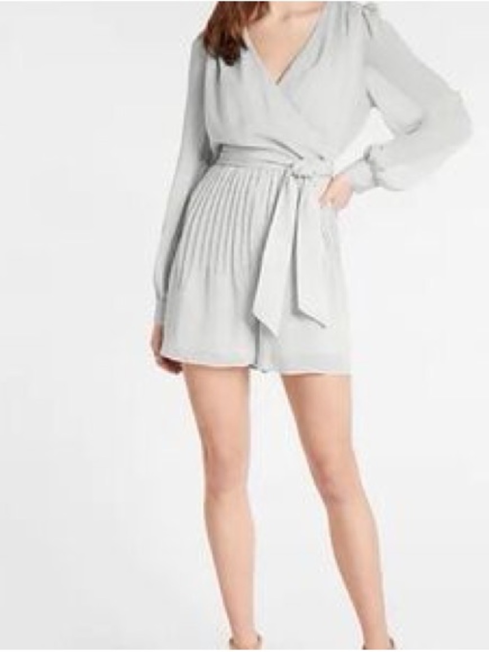Express Light Sage Green Long Sleeve Pleated Shorts Romper